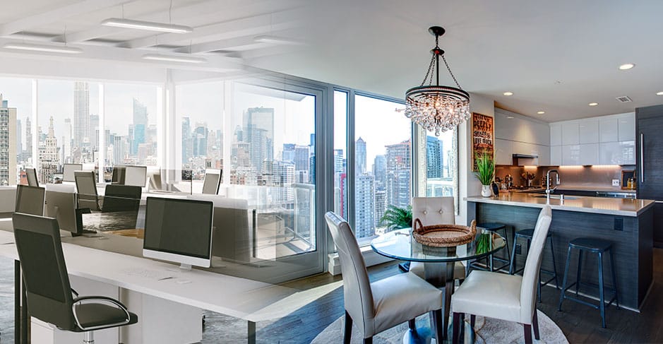 This image depicts a typical open-floorplan office space with a city skyline visible through the windows. The office space fades into a modern residential kitchen with the same view from the windows.